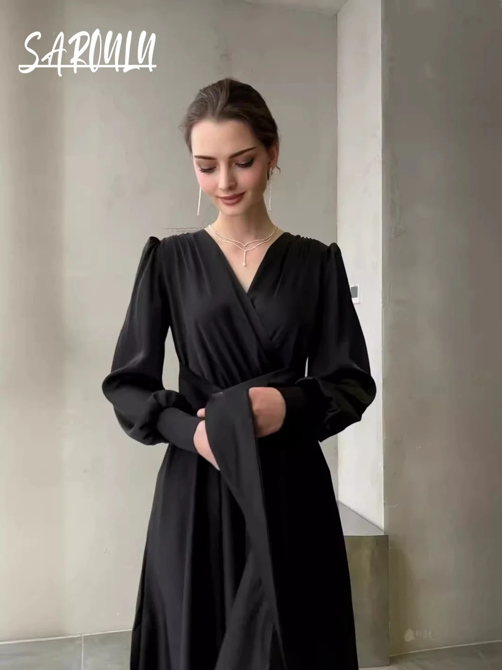 

Black Graceful V Neck Evening Dress, Romantic Long Sleeves A Line Party Gown, Modern Women Formal Simple Wear, In Stock, S-2XL