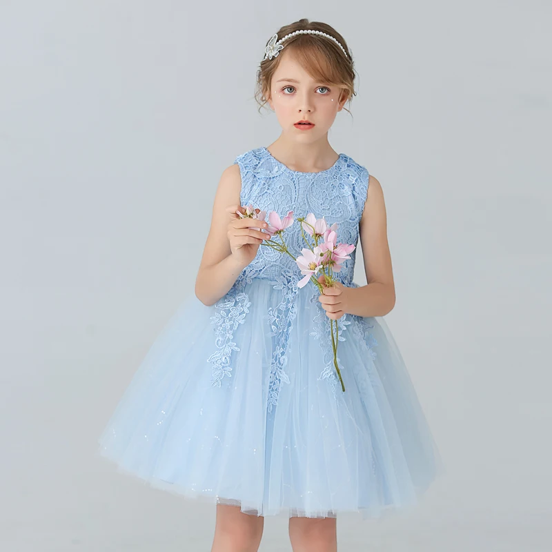 BX8991 White Lace Flower Girl Dress Bows Children\'s First Communion Dress Girls Sleeveless Princess Dresses