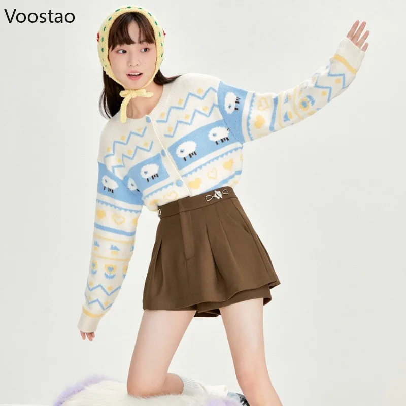 Harajuku Cute Knitted Cardigan Autumn Winter Women Sweet Cartoon Sheep Jacquard Sweater Streetwear Y2k Kawaii Knitwear Coat Tops