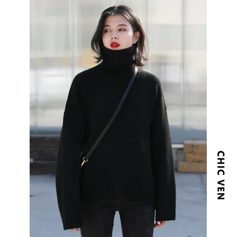 CHIC VEN Korean Women\'s Sweater Loose Turtleneck Sweaters Warm Solid Pullover Knitwear Basic Female Tops Autumn Winter 2022