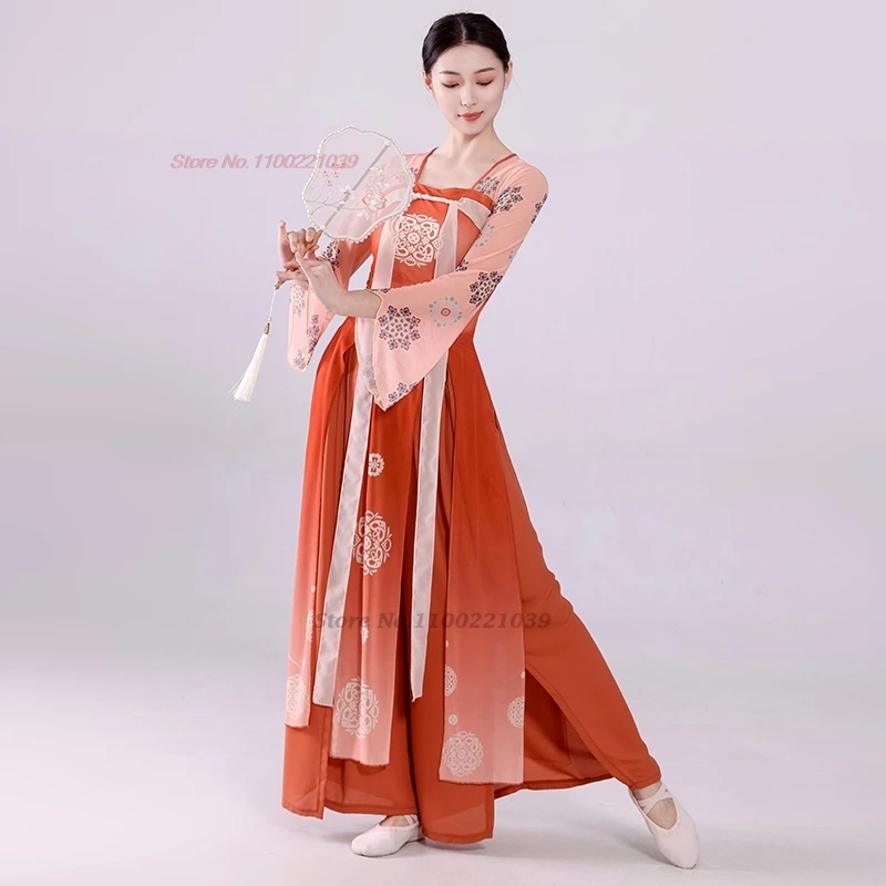 2025년 전통 중국 빈티지 댄스 국화 프린트 메쉬 한푸 상의+하의 세트 무대 공연 의상 고대 민속 무용