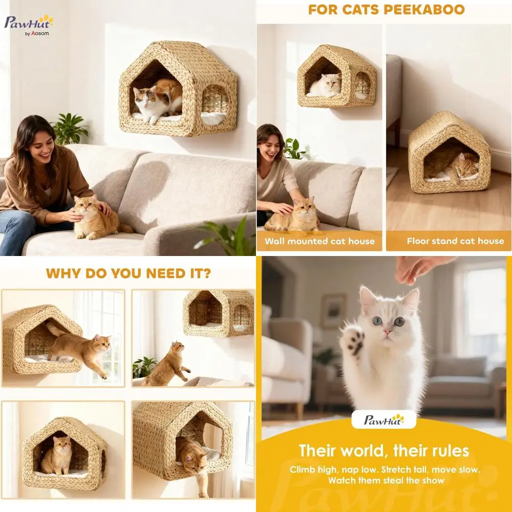 

Natural Wall-Mounted Cat Condo with Washable Bed for Indoor Cats and Kittens
