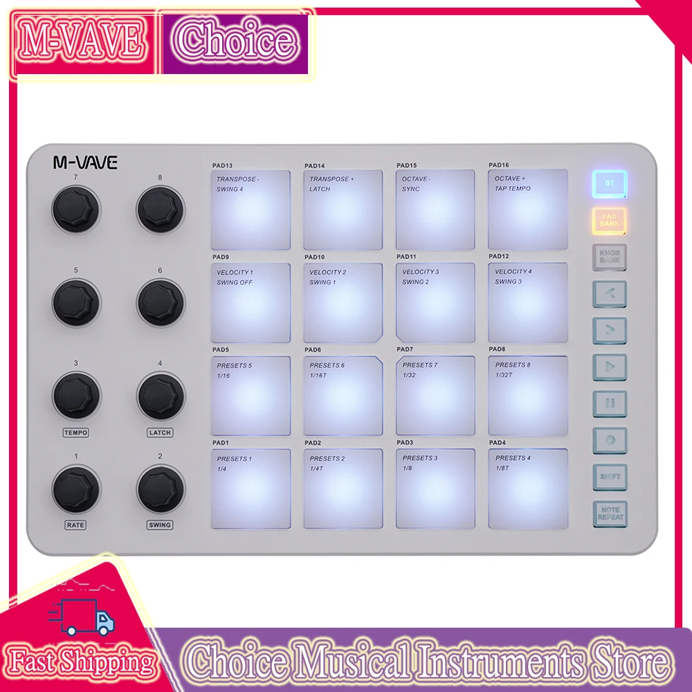 

M-VAVE SMC-PAD Wireless MIDI Controller Suitable Percussion Keyboard USB-C Interface Portable Design Mini MIDI Pad