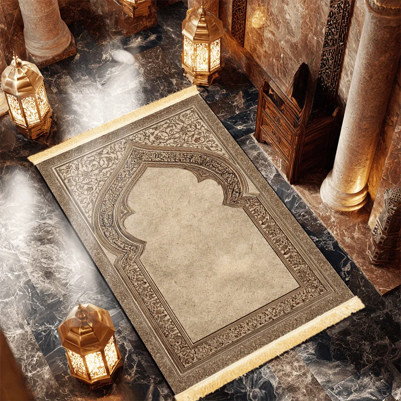 VIKAMA Vintage Carved Prayer Rug Light Luxury Distressed Non-slip Tassel Carpet For Home Worship Living Room And Bedroom Decor