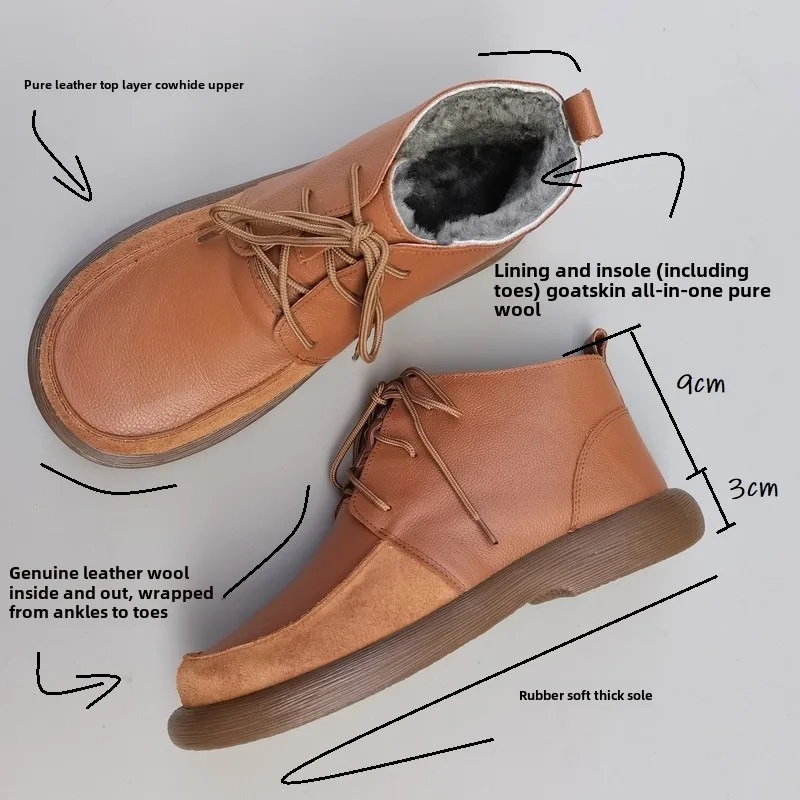 Winter Boots Sheepskin Fur Women\'s Wide Toe Men\'s Shoes Genuine Leather Natural Wool High-top Non-slip size 43 Snow Short Boots