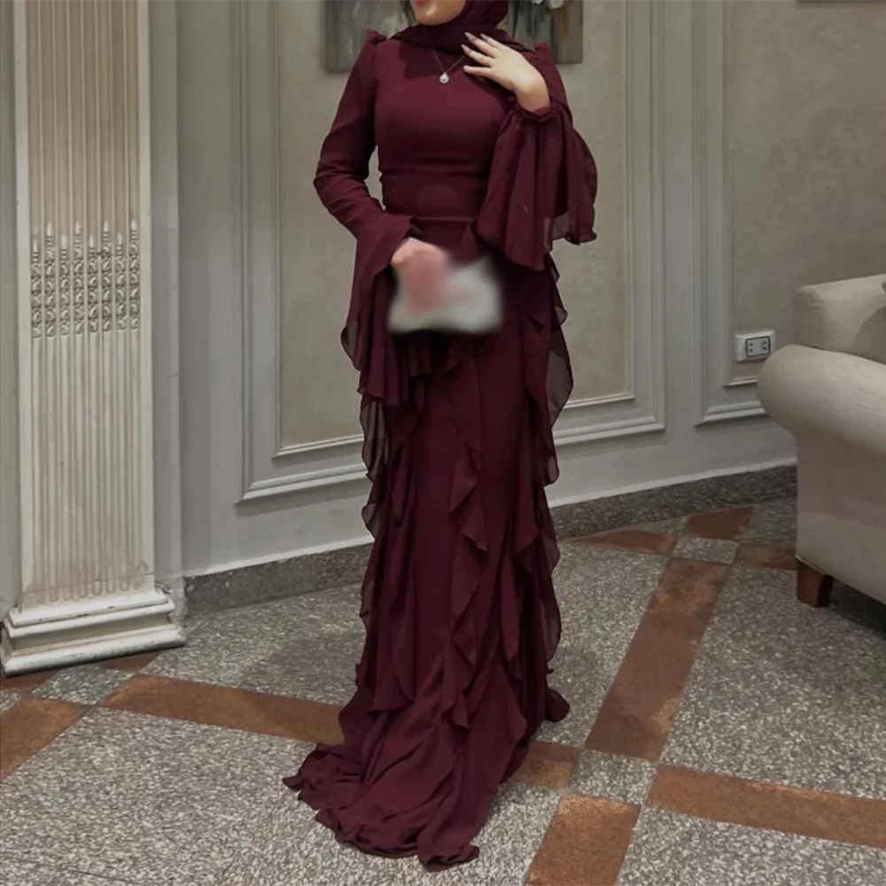 

Customized Mermaid Prom Dresses Floor-Length High-Neck Full SLeeve Evening Gown Simple Fashion Draped Ruffles Party Gown