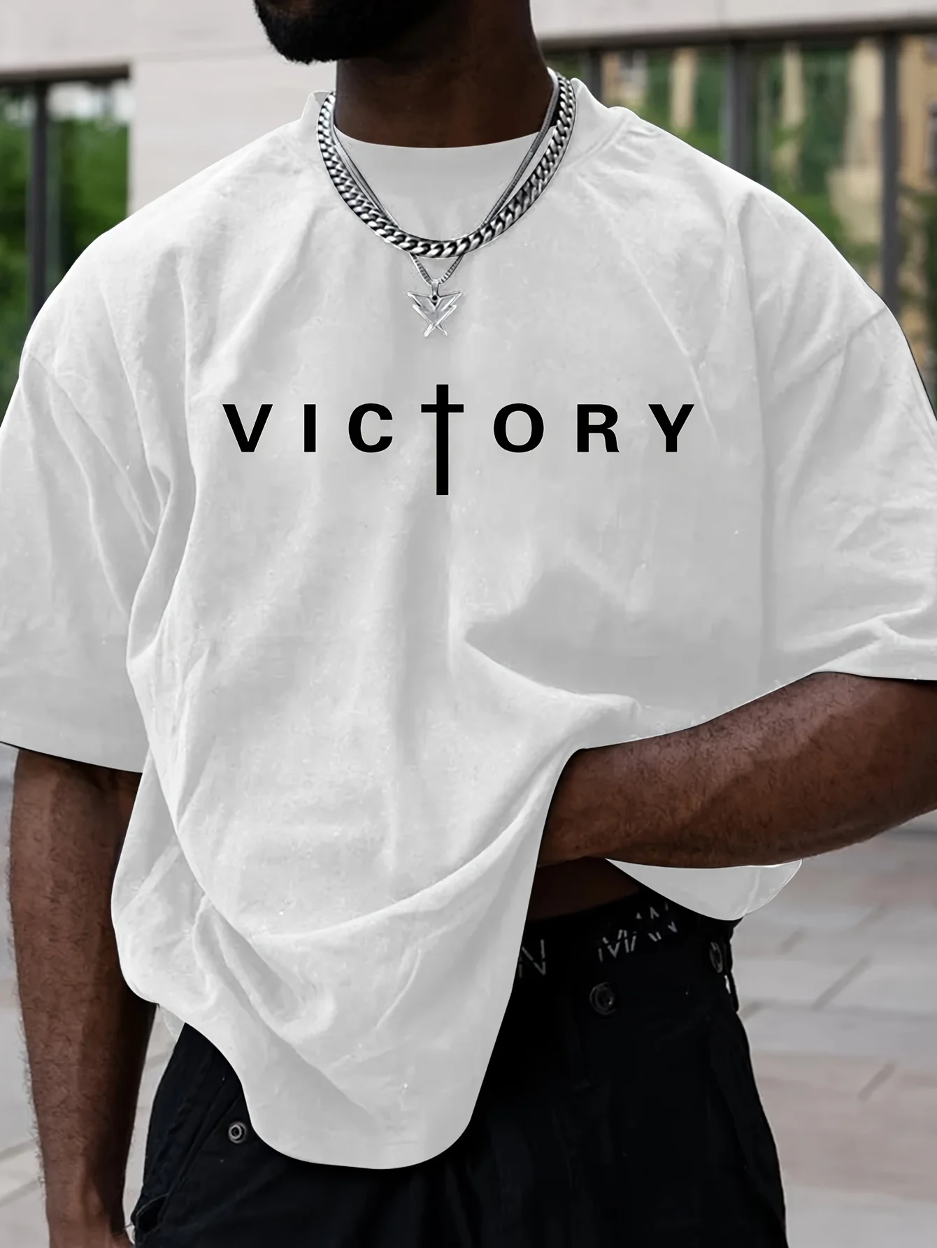 Men's Summer Fashion Victory Print Sports Casual Short Sleeved T-Shirt Outdoor Casual Sports Versatile Top