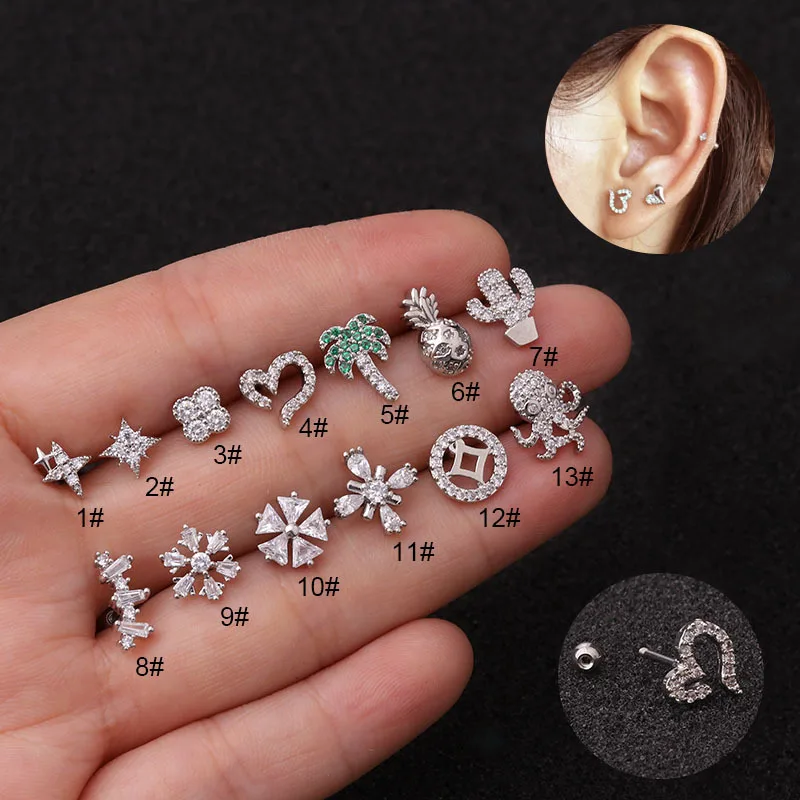 1pc Stainless Steel Cz Cartilage Earrings Heart Plant Octopus Helix Jewelry Tragus Rook Conch Screw Back Stud Piercing Jewelry