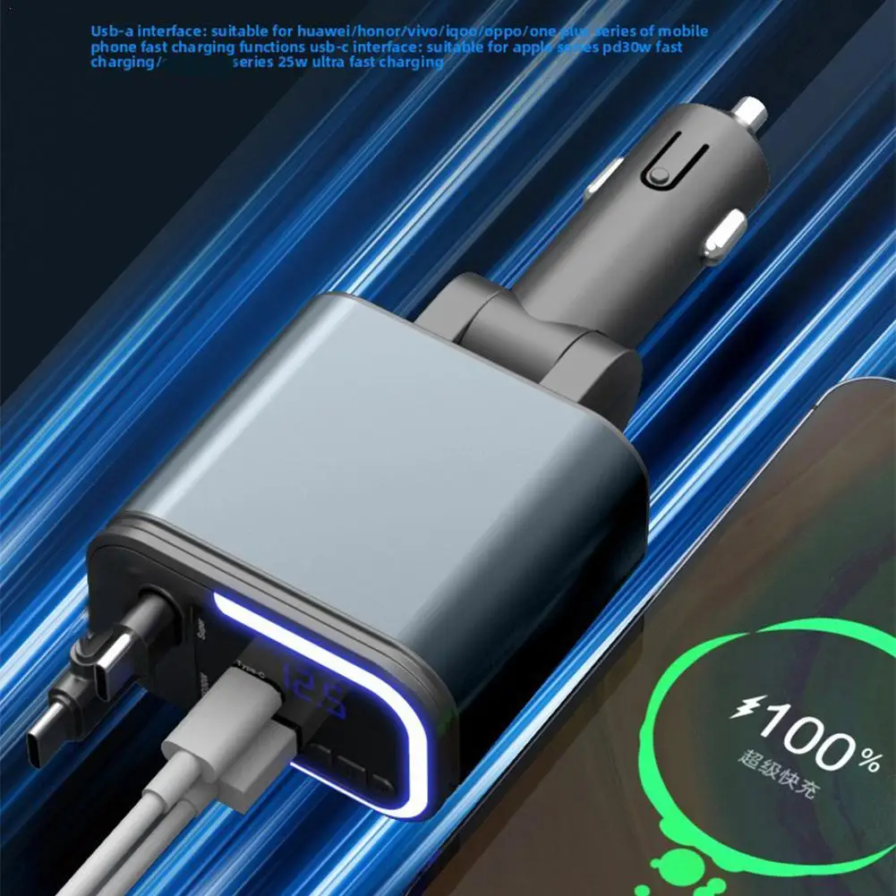 5 In1 Double Stretch Super Fast Charging Cable Car 180W Fast Charger Power Adapter Bluetooth Music Atmosphere Light Car Charger