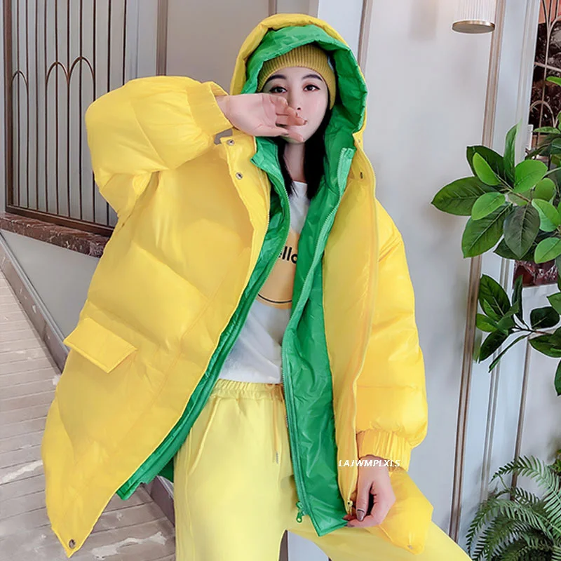 Winter New Fake 2023 Two-piece Jacket Women Streetwear Candy Color Striped Double Hooded Stitching Down Padded Coat