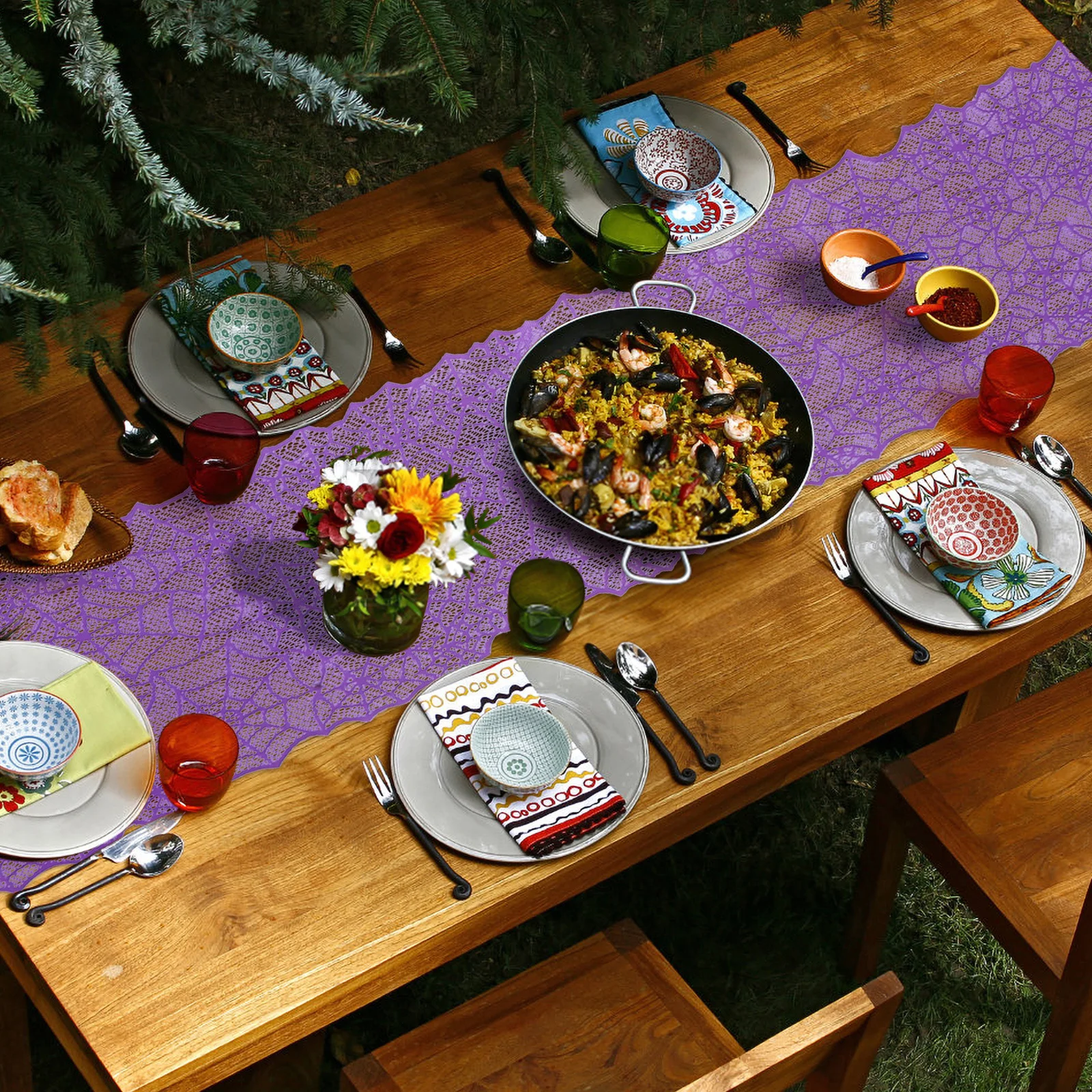 

Halloween Spider Web Lace Tablecloth Purple Large Round Irregular Shape for Home Restaurant Outdoor Halloween Table Cover