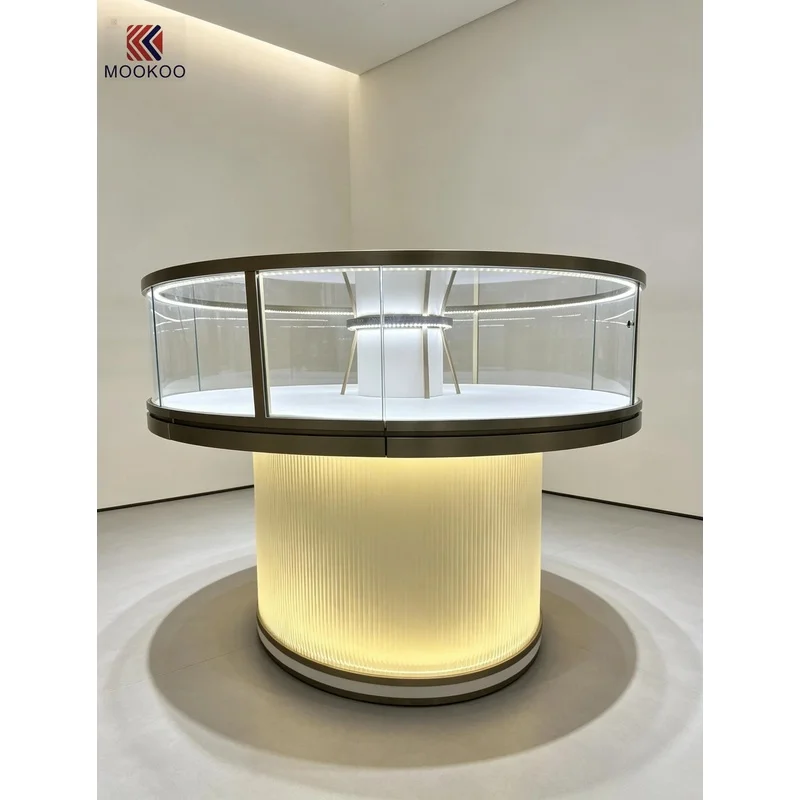 custom.Modern Round Ring-Shaped Jewel Merchandising Island, Reeded Illuminated Cylinder Pedestal With Secure Lock Storage Cabine