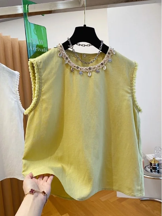 

Summer Cotton Linen Svel irt Women's round Ne Loose Fit Small Size Top Glittering Commute Sle Korean Version
