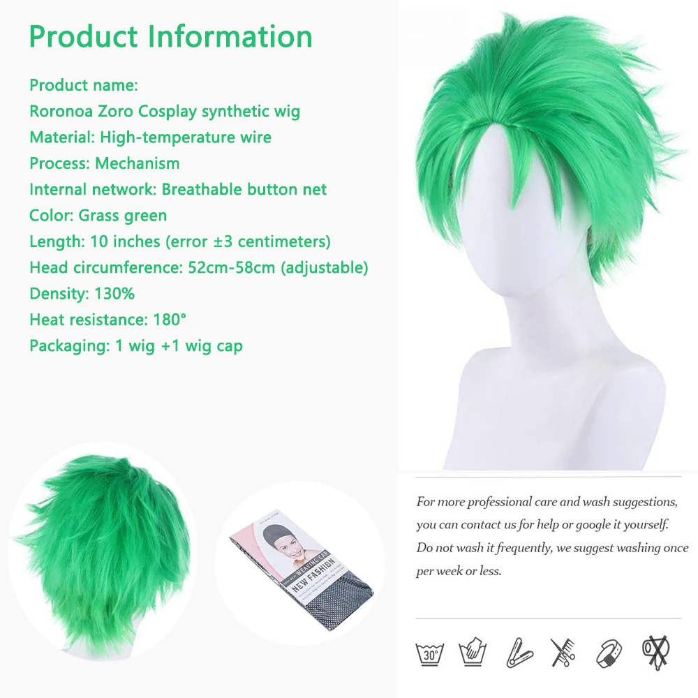 شريحة خضراء مقاس 10 بوصة من شعر الرسوم المتحركة Ronoya Zoro Cosplay الاصطناعي مناسبة لشعر مستعار لعب الأدوار اليومي في الهالوين #3