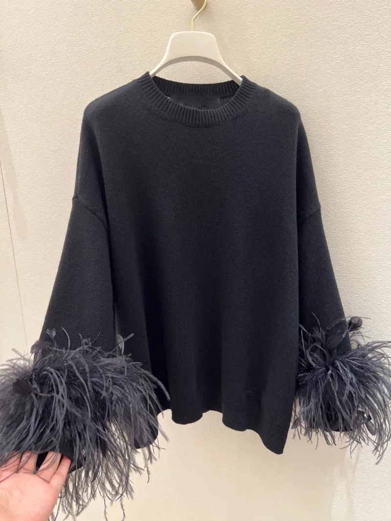 Women's Fashion Sweater Autumn/Winter Luxury Women's High Quality Feather 100% Wool Black Hoodie Top 2024 New Edition