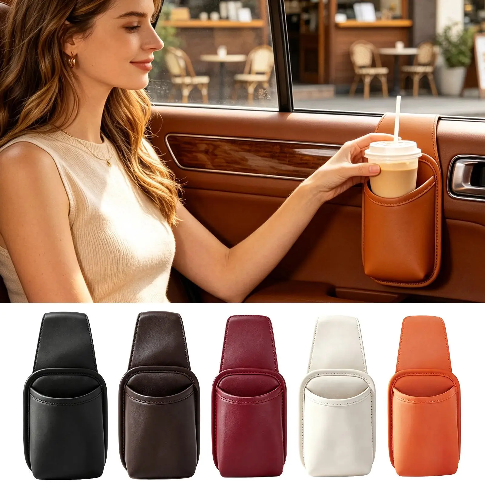 Car Door Cup Holder Organizer Leather Waterproof Drink Holder Storage Bag Universal Tidy Vehicle Interior Accessories