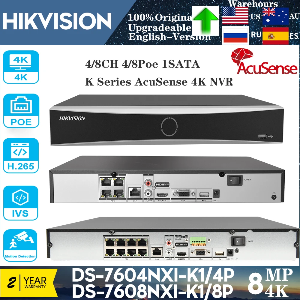 Hikvision 안면 인식 스마트 재생 SATA 비디오 네트워크 녹음기, 4POE 4CH DS-7604NXI-K1/4P 및 8POE 8CH DS-7608NXI-K1/8P 1U