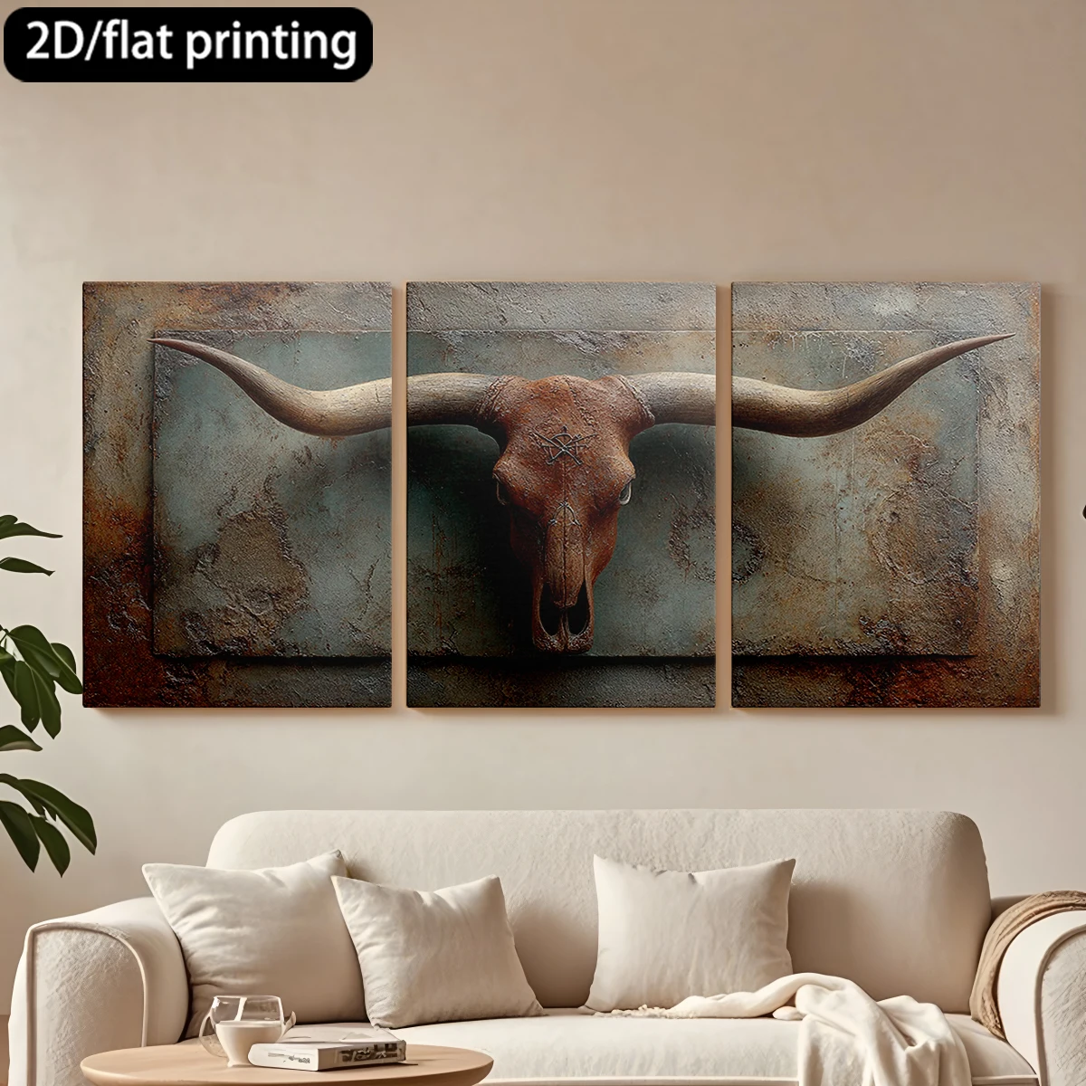 Impresión plana 2D, cuadro decorativo de lienzo con marco de madera de 3 piezas, decoración de pared con calavera de toro de cuernos largos. Decoración para pasillo y dormitorio.