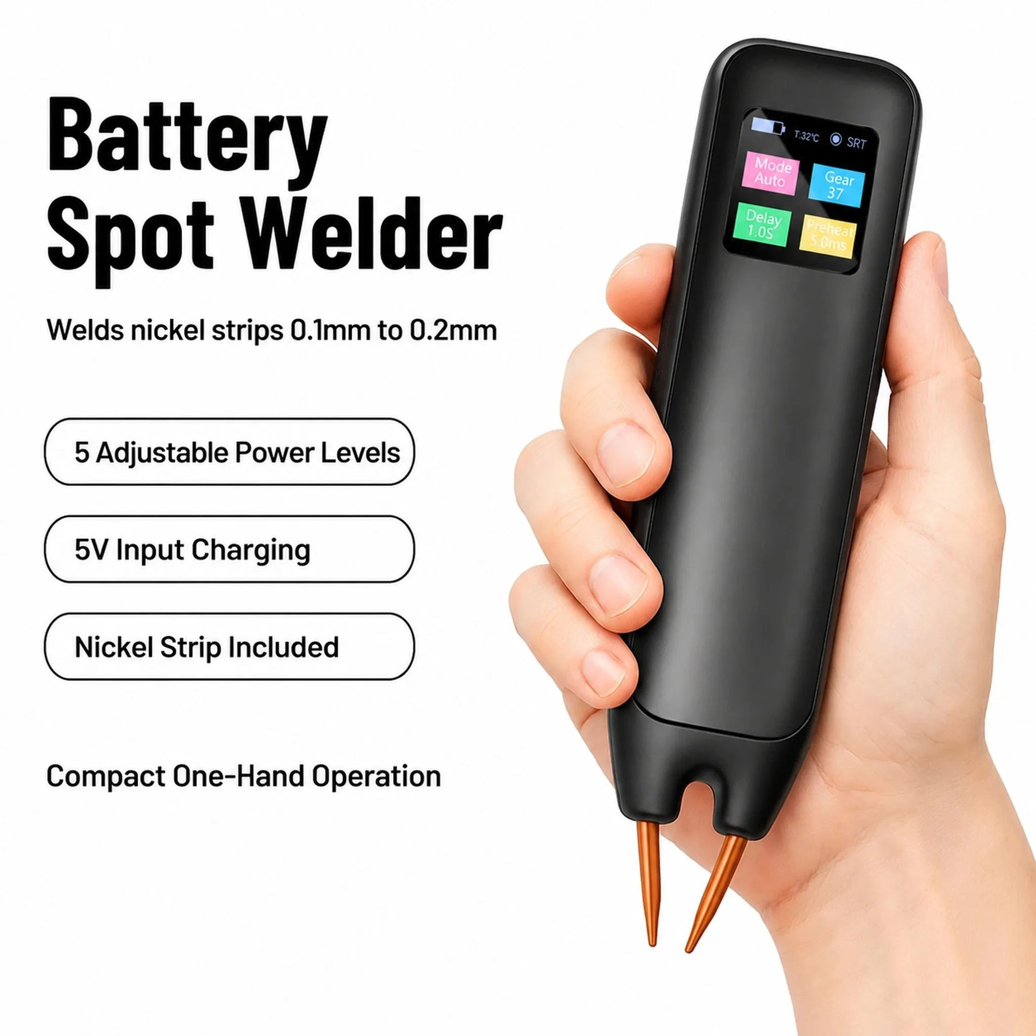 Handheld Spot Welder TFT Display 2200mAh 800A Peak 18650 Battery Nickel Strip Aluminum Welding Preheat Adjustable Auto Sleep