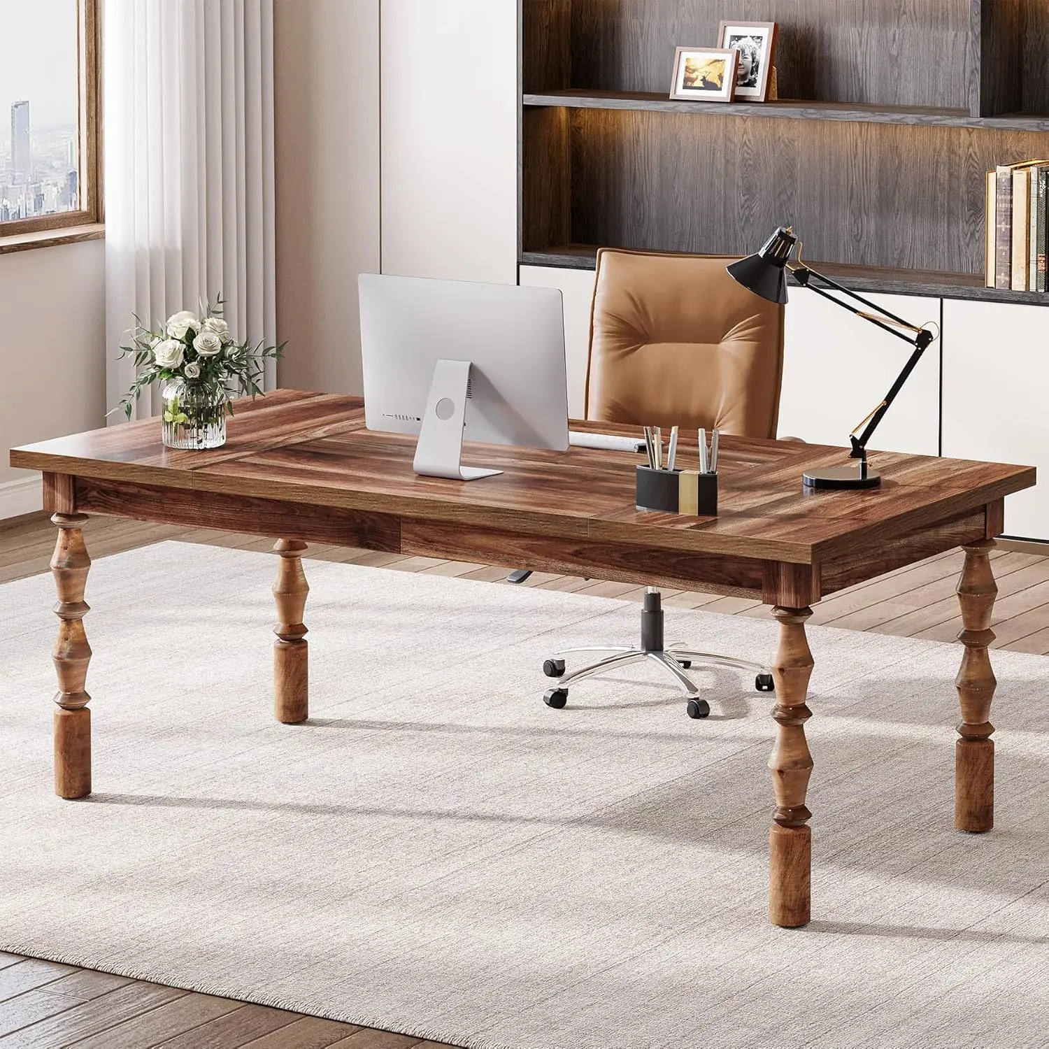 

62.2-Inch Farmhouse Modern Computer Desk, Mid Century Study Writing Table Workstations Business Office Furniture