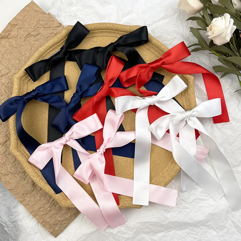 

60pc/lot Solid Color Long Tassel Satin Ribbon Bow Hair Clips Women Girls Long Tails Hair Bow Hairpins Alligator clips Headwear