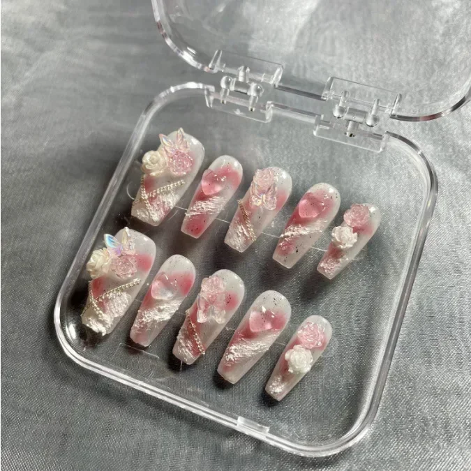 10Pcs Aurora Pink Handmade Press on Nails Long Ballet Fake Nails with 3D Butterfly Camellia Design Full Cover False Nail Tips