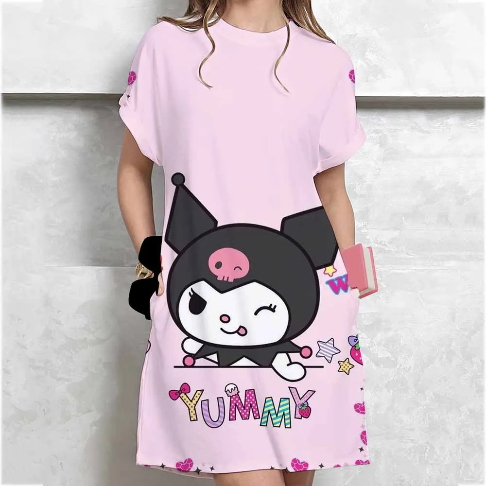 Veelzijdige preppy stijl loszittende jurk met korte mouwen Hello Kitty bedrukte T-shirtjurk voor dames in Koreaanse stijl ﻿