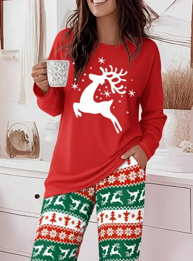 2 ピース衣装 トナカイプリント長袖ドロップショルダートップとクリスマスプリントカラーブロック弾性ウエストパンツセットパジャマセット