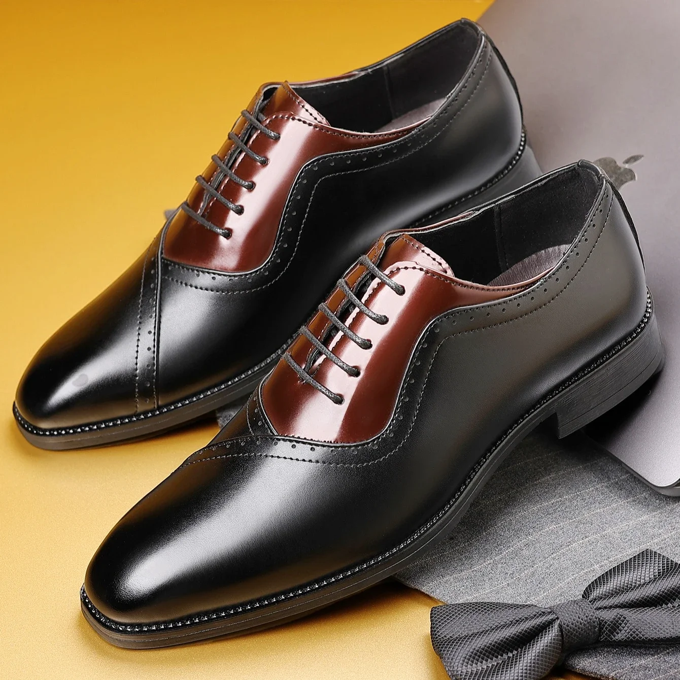 

Pop 2025 New Men's PU Leather Oxford Shoes Square-Toe Two-Tone Lace-Up Comfortable Durable Casual Business Formal Office Footwea