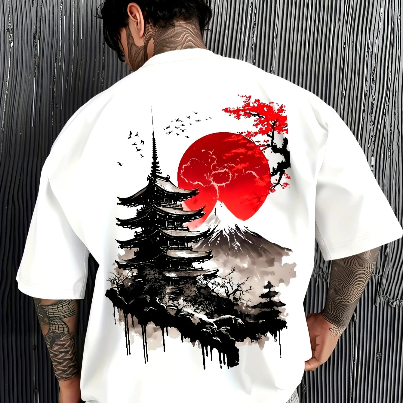 Japanese Temple Mount Fuji Graphic T‑shirt Back Print Unisex Short Sleeve Tee Red Sun Sakura Harajuku Streetwear Casual Tops