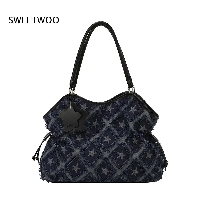 2026 Vintage Star Denim Canvas Underarm Tote Bag Drawstring Design Large Capacity Single Shoulder Purse view 6