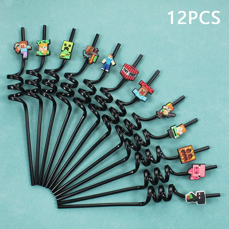 12 Stuks Pixel Miner Game Herbruikbare Rietjes Game-Thema Pixel Stijl Rietjes Voor Verjaardagsfeestje Decoraties En Geschenken