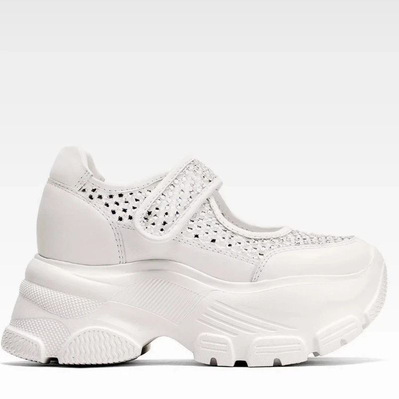 Genuine Leather and Mesh Diamond White Shoes Women's Street Style Summer Height-increasing Shoes Breathable Casual Sports Shoes