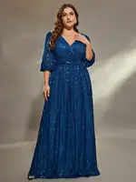 Mgiacy plus size V-neck bust pleated mid-long sleeve A-frame sequin long dress Evening gown PROM dress Party dress - Image 5