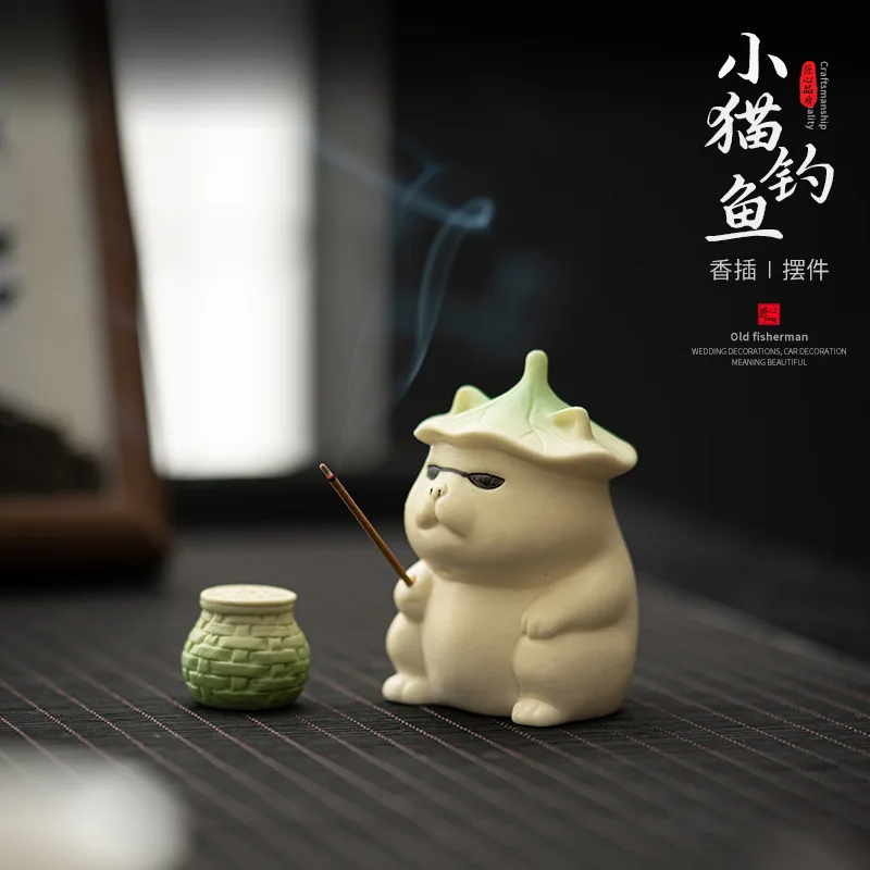 

Creative Cute Cat Fishing Incense Holder Pendant Smell The Fragrant Tea Ceremony Accessories Insence Burner