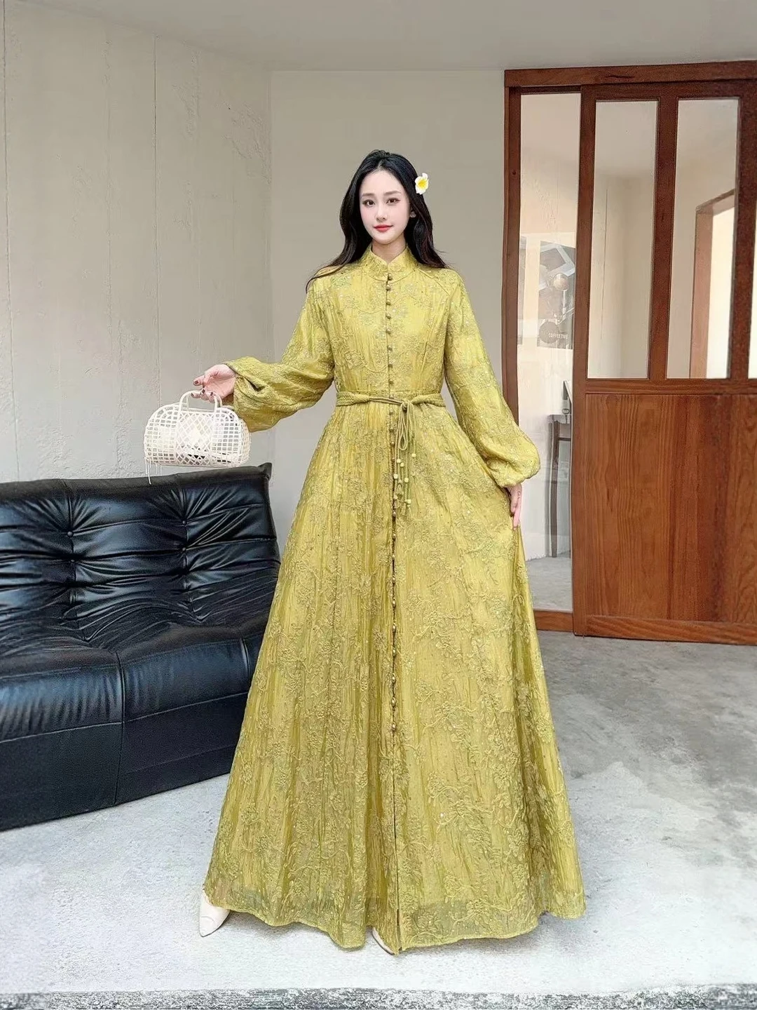 

Retro Stand Collar Lace Dress Women Long Sleeve Slimming Long Dress Midi Skirt LQ614 Spring 2026 Ladies Fashion Ethnic Wear