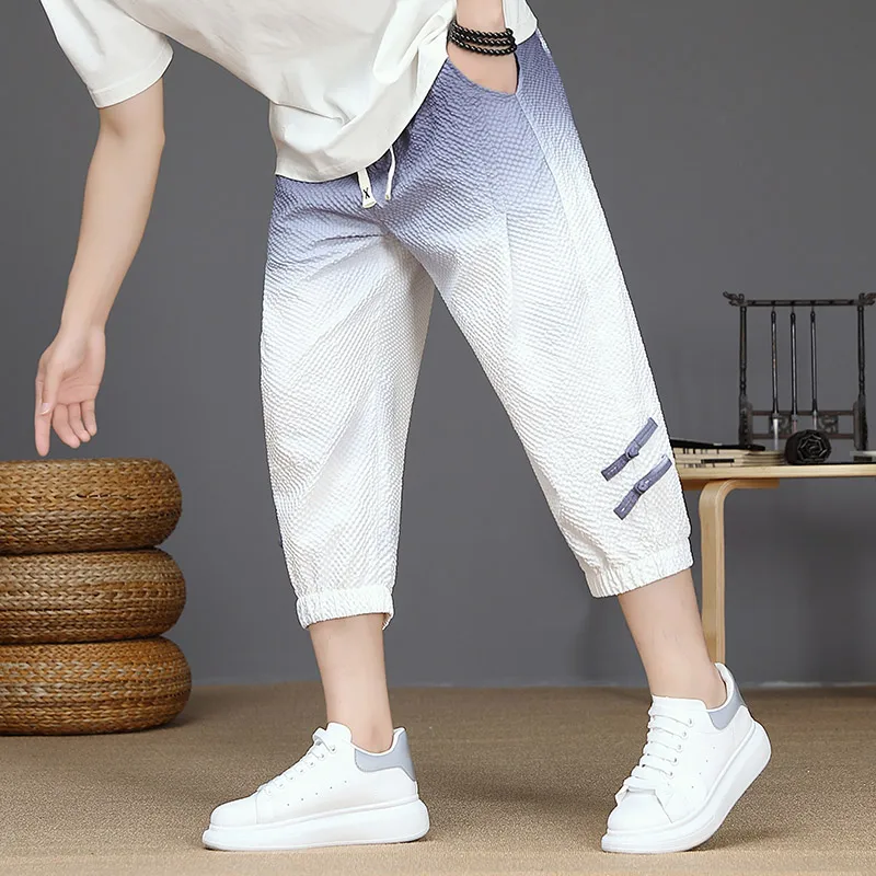 

Модные повседневные брюки в китайском стиле, укороченные, для подростков, летние, новинка, дышащие, прямого кроя, с эластичным поясом