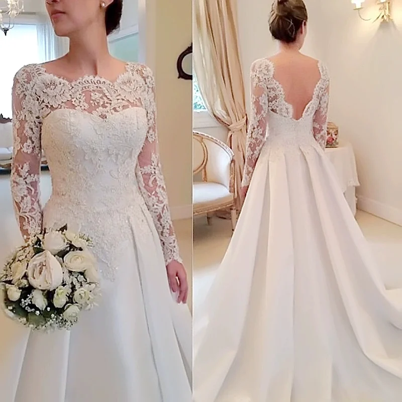 XSHS-01#2025 New Long Sleeved Lace Floral Slimming A-list Sexy Backless Trailing Satin Wedding Dress Plus Size Ivory Pure White