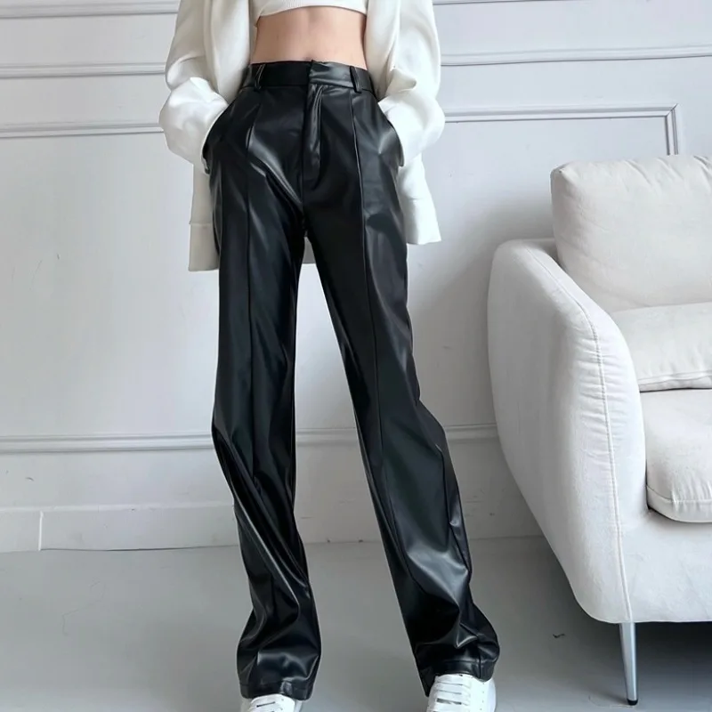 Female Trousers High Waist Baggy Wide Leg Women's PU Leather Pants Straight Khaki Loose All Medium G Original Trends 2024 Slacks