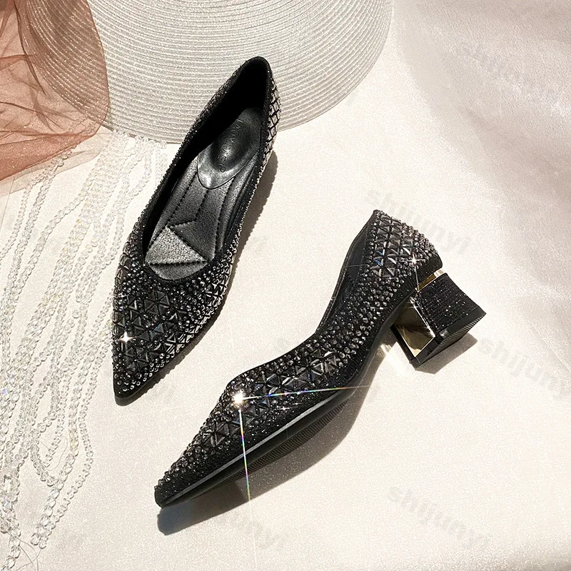 Sepatu Wanita Hak Tinggi 2025 Musim Gugur Hak Rendah Berhias Rhinestone Mewah Ujung Runcing Payet Fashion Kasual Outdoor Pesta Pernikahan