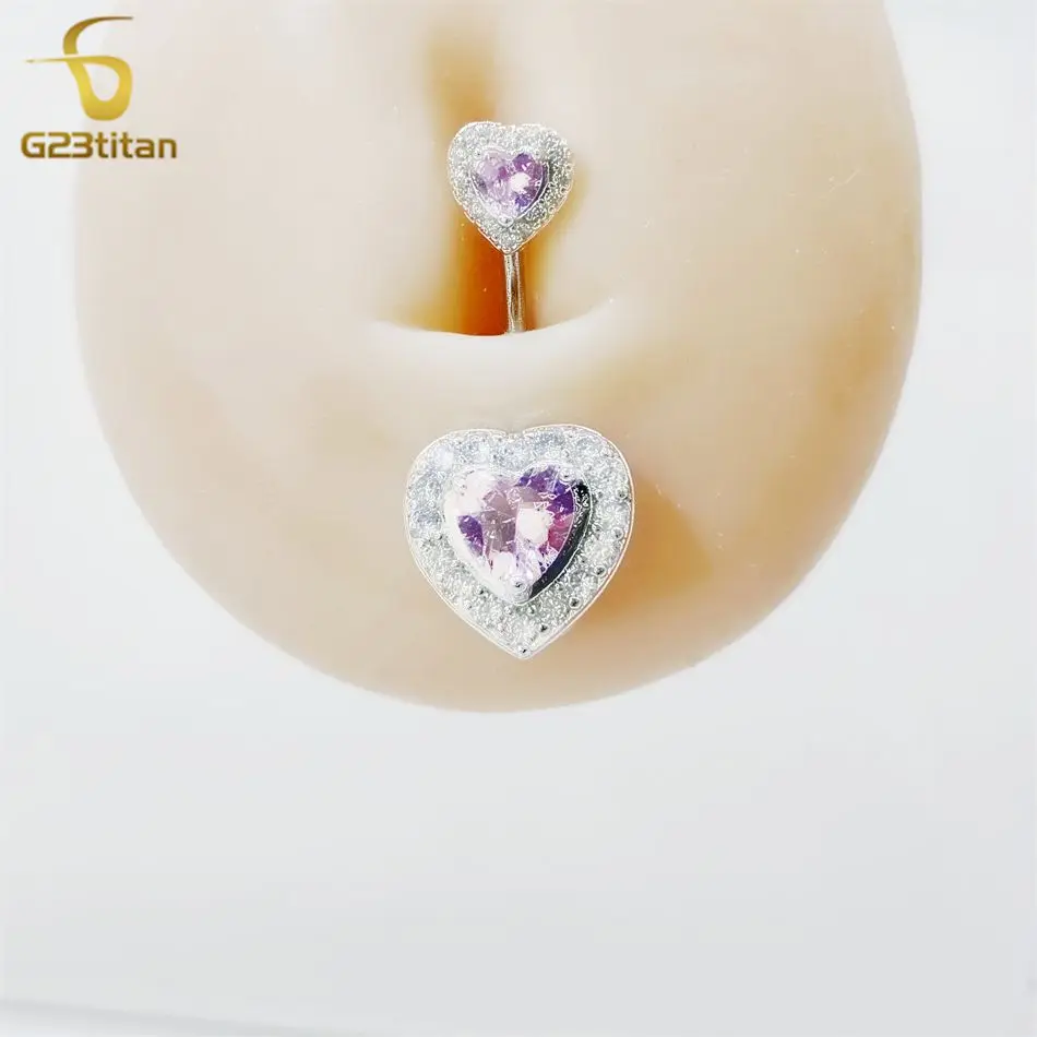 G23titan 6-16mm Length 14G Titanium Curved Barbell Zircon Heart Belly Button Piercing Ring Women Navel Piercing Ombligo Jewelry