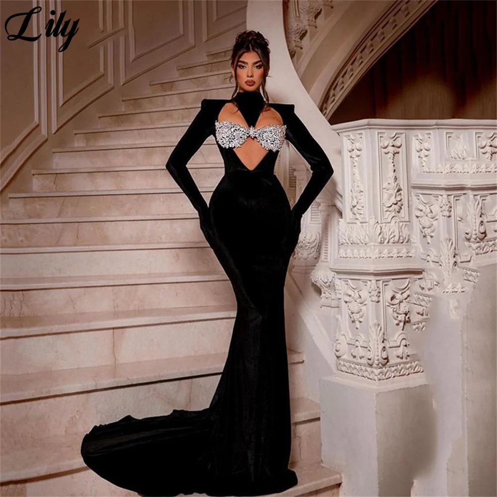 

Lily Black High Collar Charming Prom Dress Gown Beading Full Sleeves Formal Gown Stain Mermaid Evening Gown vestidos de noche