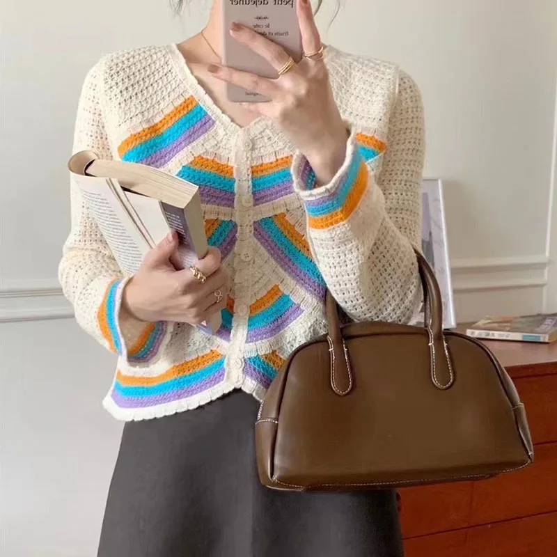 Chato mel chato mel arco-íris ondulado listras cor combinando babados camiseta fino cardigan casaco curto nova idade-reduzindo camisola