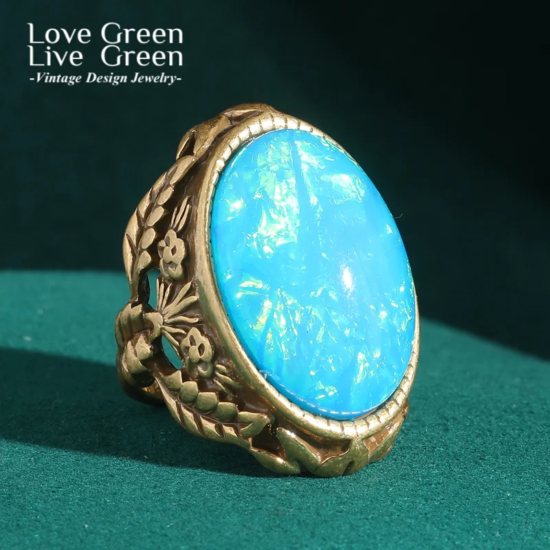 

Vintage Sea Blue Ring For Woman Opal 18k Gold Color Adjustable Luxury Quality Jewelry Designer Statement Natural Stone Antique