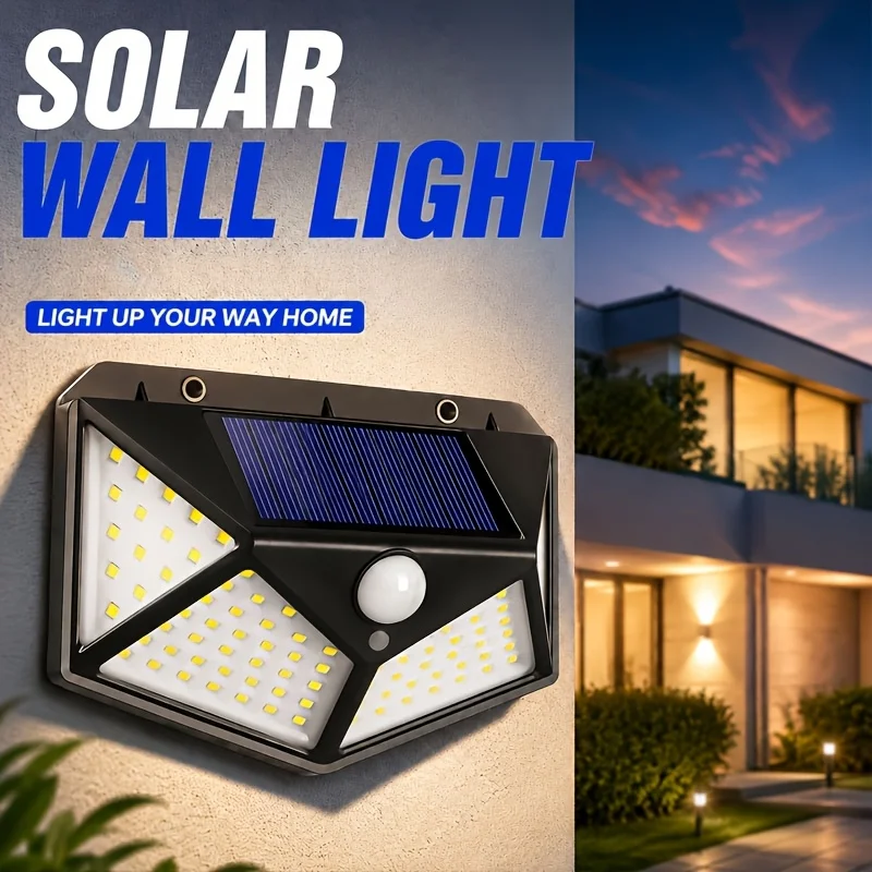 Solar Powered 100 LED Motion Sensor Wall Light, Waterproof Outdoor Security Lamp for Garden, Fence, Yard, Pathway Decoration