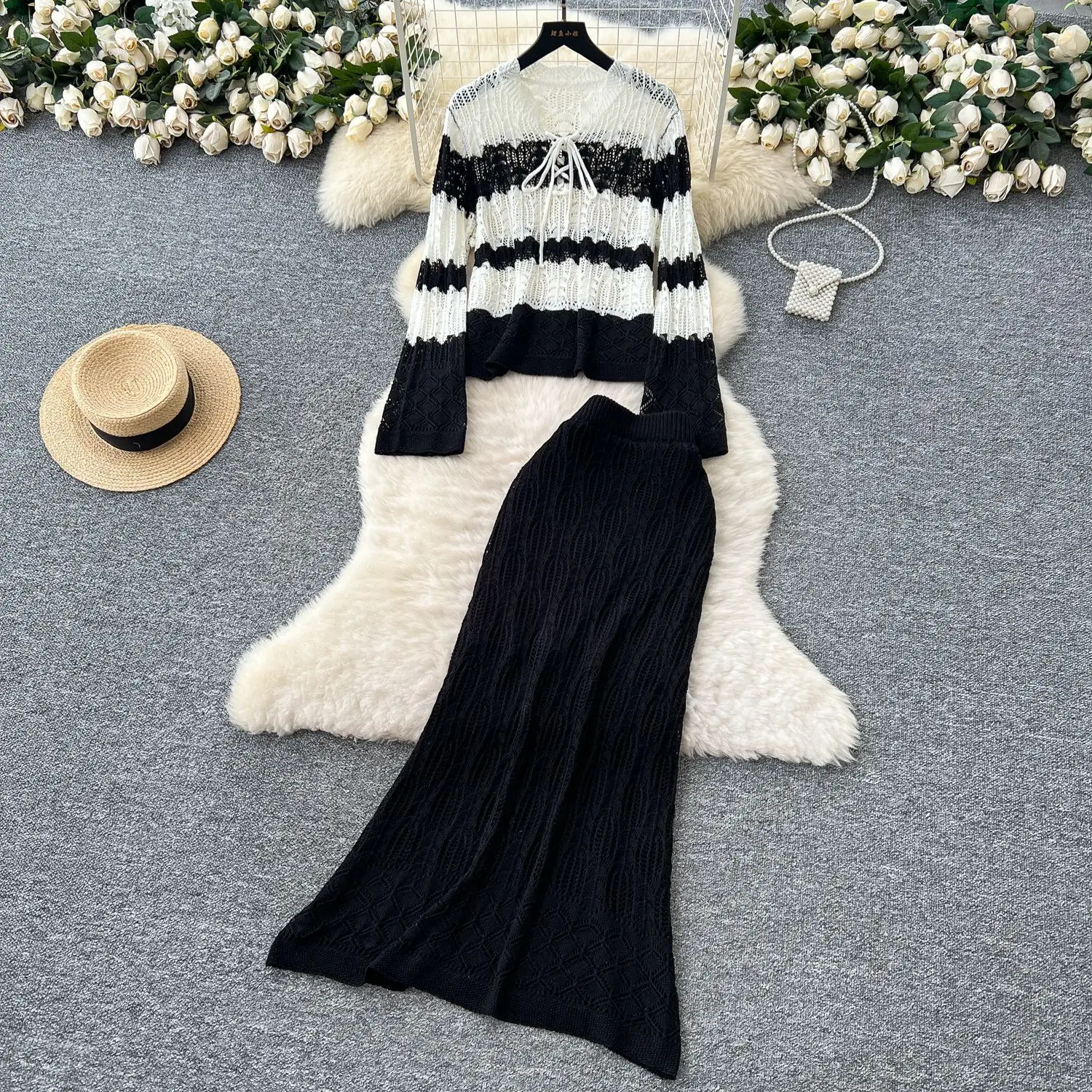 

Women Two Piece Sets Skirt Set Knitted V Neck Matching Sets Hollow Out Tops Long Skirts A Line High Waist Y2k Streetwear Elegant