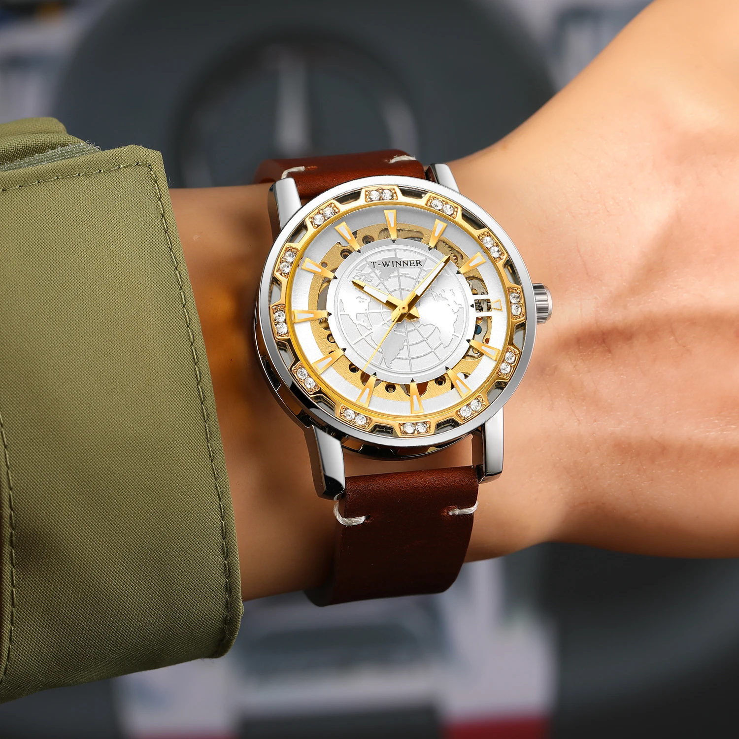 T-WINNER Classic Men's Manual Winding Mechanical Watch with Luminous Hands Luxury Gold-Tone Skeleton Case Retro Leather Strap