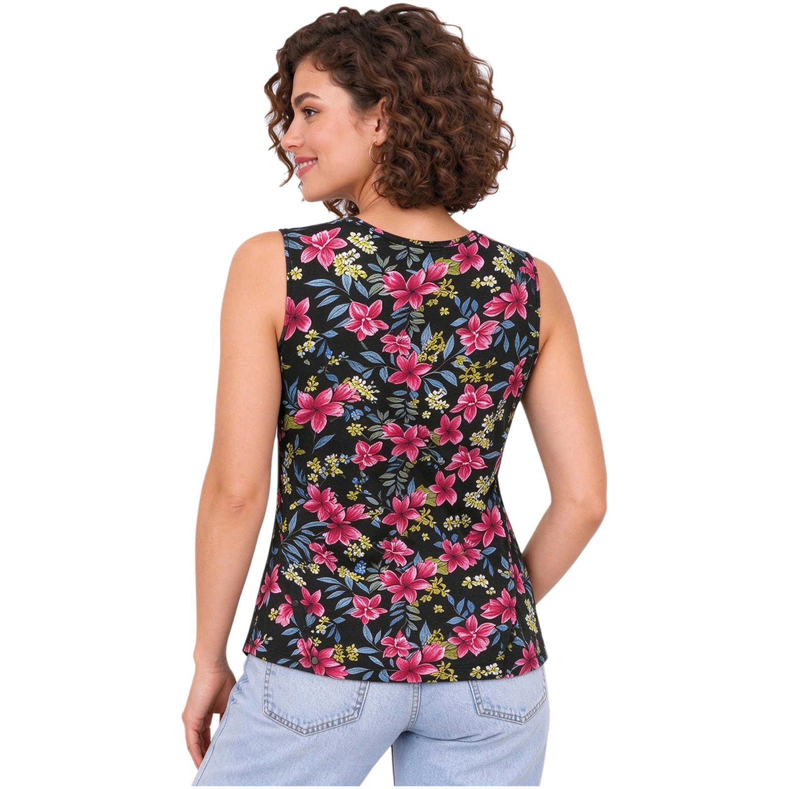Women's Post-surgery Adaptive Shirt V-neck Sleeveless Press Buttons Shoulders Sides Printed Top for Postoperative Recovery Home