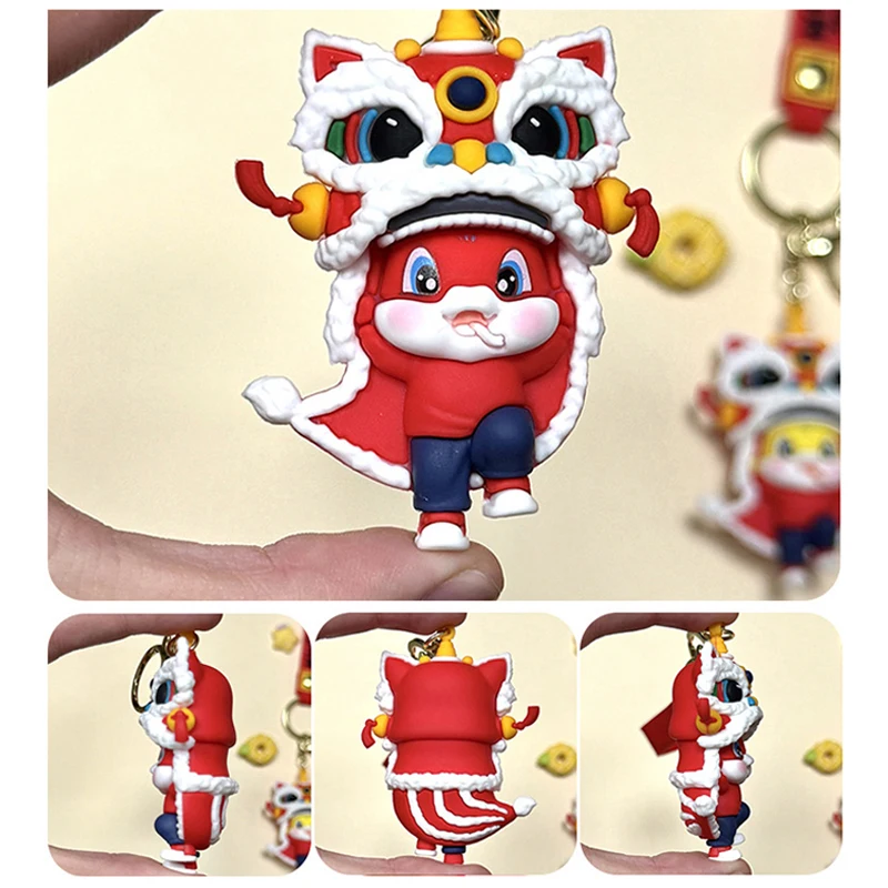 2025 Snake Year Keychain Chinese Style Lion Dance Snake Mascot Key Holder Cute Zodiac Snake Keyring Bag Pendant New Year Gifts