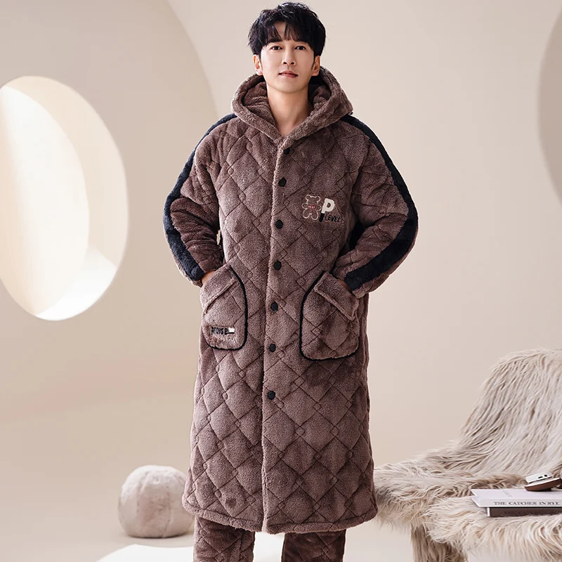 Big Size M-2XL Winter Men Bath Robe+Pant 3 Layer Clip Cotton Hooded Robe Male Thick Dressing Gown Pijamas Hombre